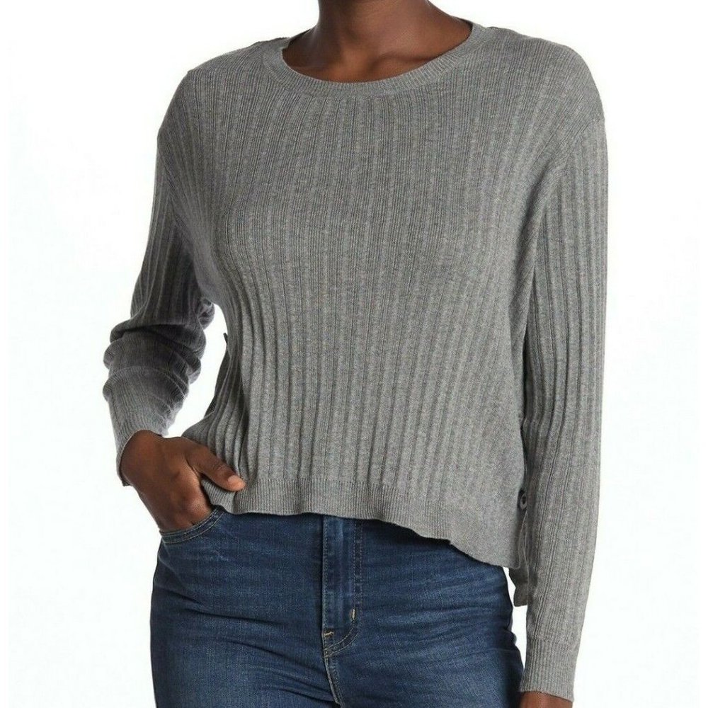 Cotton Emporium Knit Side Button Crew Neck Sweater Gray Long Sleeves Size Large